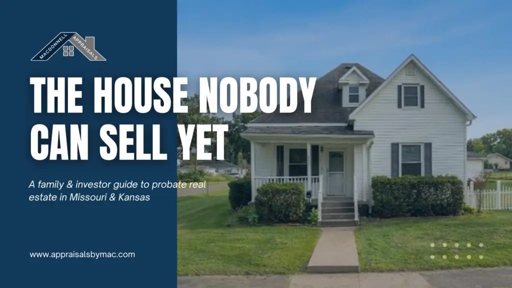 White two-story house with a covered front porch and picket fence, on a MacDonnell Appraisals title card for its probate real estate guide.